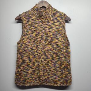 Talbots Crochet Vest Women Petite Size M Yellow Wool Blend Winter Grannycore